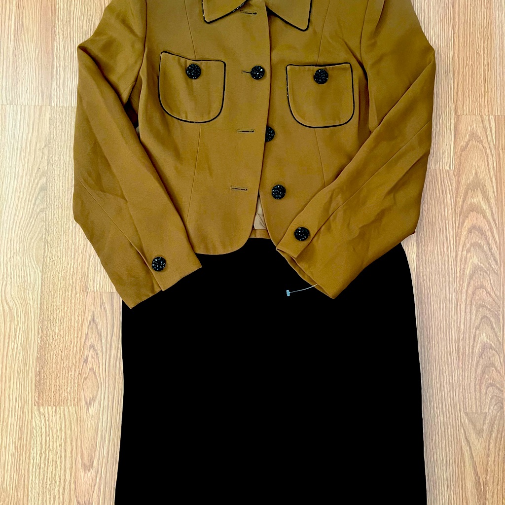 Chic Tan Jacket And Black Skirt Ensemble